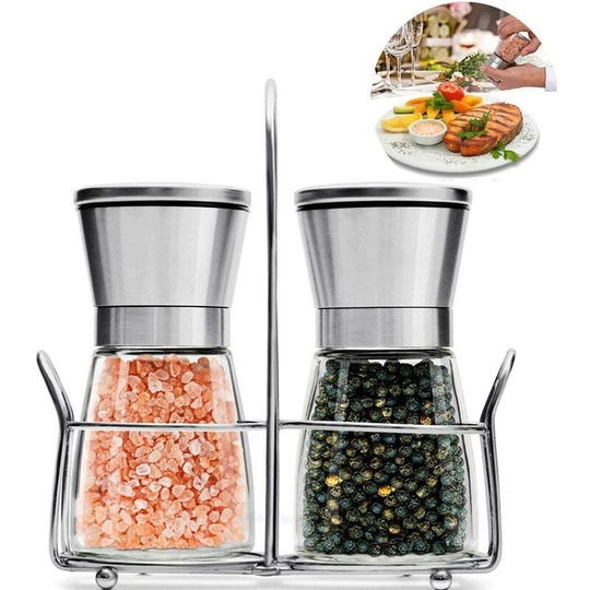 Einemgeld - Stainless Steel Seasoning Spice Mill Set with Matching Stand, Adjustable Salt and Pepper Mill Set, Hand Grinder Salt and Pepper Mill