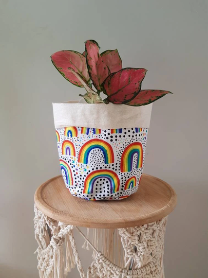 Pot Plant Cover/ Pot Cozy/ Fabric Patterned/Printed/ Reverasable/ Machine Washable/ Potsofloveboutique/Rainbow