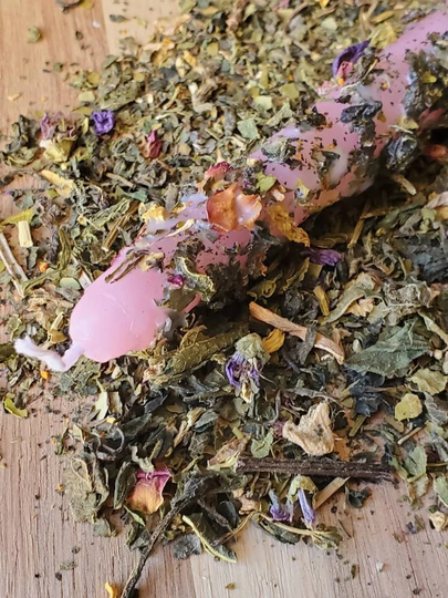 Pink Taper Candle, Herb Dressed, Love Spell Candles, Ritual, Rolled, Pink, Floral, Taper, Tapered, Dried Flower, Botanical, Chime