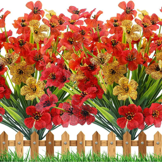 Artificial Outdoor Plants and Flowers 12 Bundles, UV Resistant Plastic Fake Flowers for Home Garden Patio Decoration, Faux Silk Flowers for Hanging
