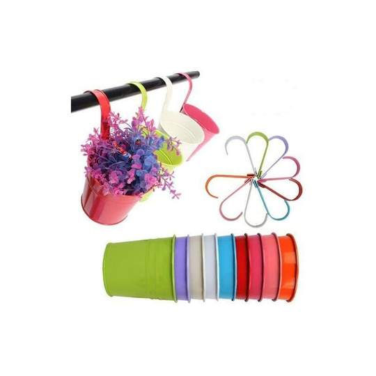 Set of 10 hanging metal flower pots - For fence or balcony - With removable hook