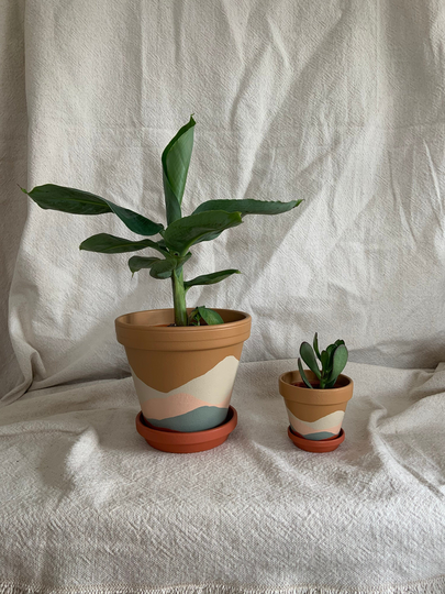 Hand Painted Indoor Plant Pot & Saucer With Drainage Hole | Textured Boho Style Abstract Mountain Landscape Terracotta Waterproof
