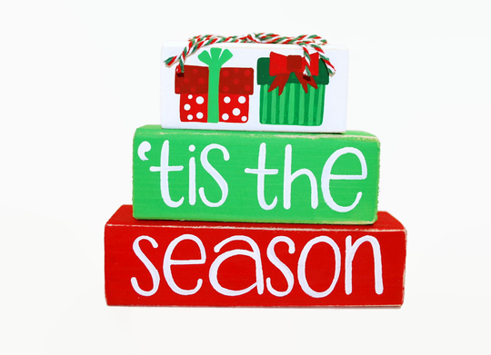 Christmas Presents Tis The Season Woodenblock Shelf Sitter Stack Tiered Tray Office Mantel Desktop