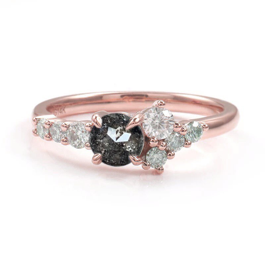 Salt & Pepper Diamond Engagement Ring | Unique Grey Cluster Wedding Bridal 9K/14K/18K Rose Gold