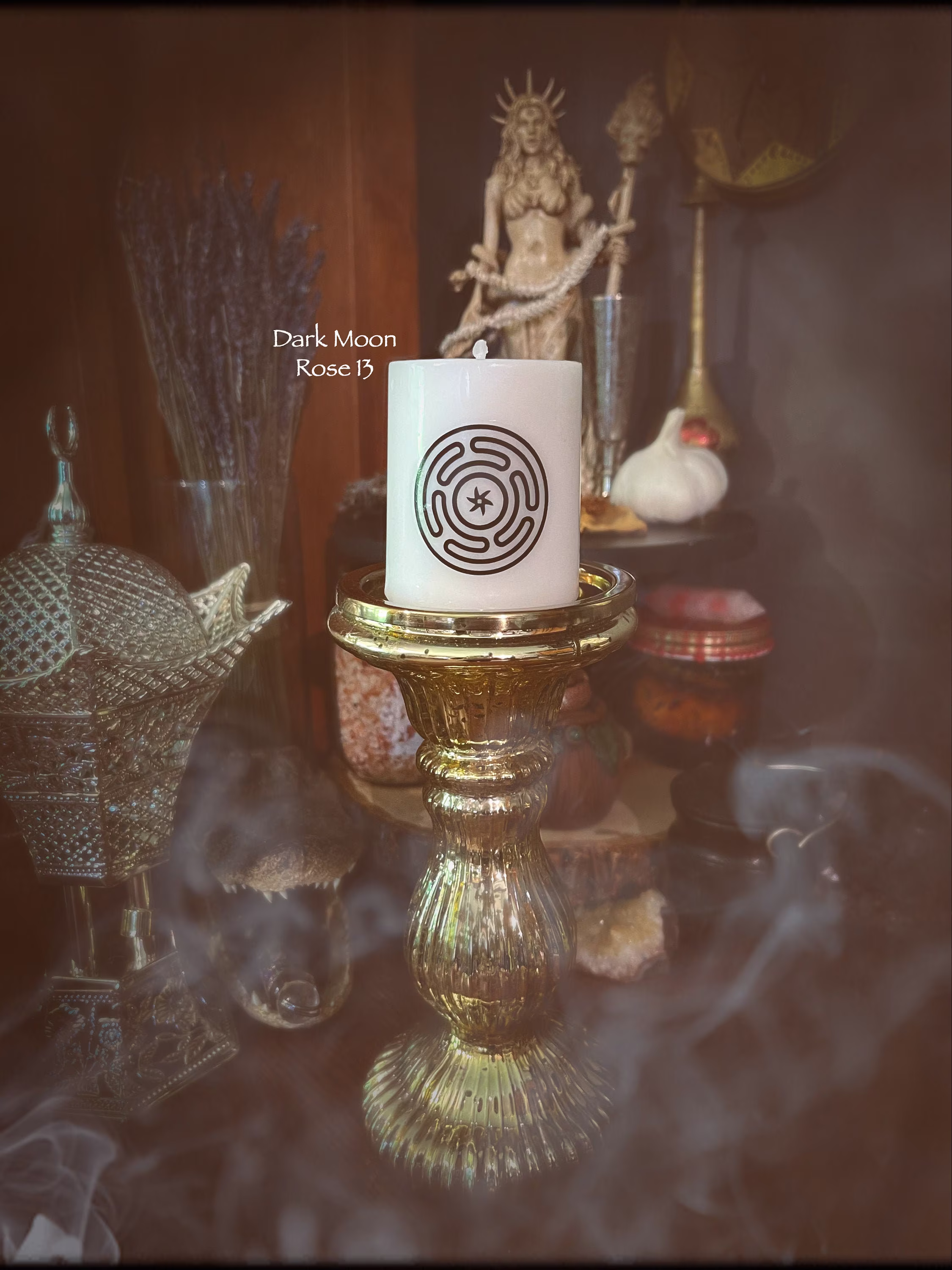 Hekate Altar Candle | Small Pillar Stropholos White Hekate's Wheel Labyrinth Devotional Ritual Offering