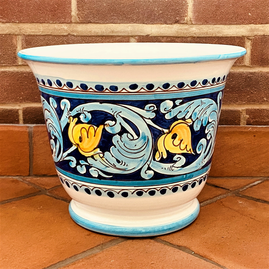 Round Bell Planter - Handmade in Italy & Decorated By Hand, Floral Pattern, Glazed Ceramic, For Houseplants, Ø 35 H 26.5cm