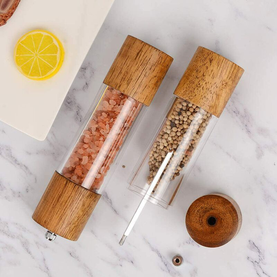 Perle Rare - Premium Acrylic Salt and Pepper Mill Set, Manual Salt and Pepper Grinder, Wooden Shakers with Ceramic Adjustable Salt Grinder and Pepper