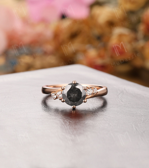 Grey Moissanite Engagement Ring// Gorgeous Gray Wedding Ring For Her// 6.5mm Round Cut Salt & Pepper Promise Gold
