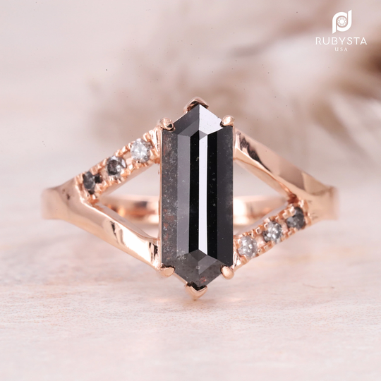 Salt & Pepper Diamond Ring | Engagement Pepper Hexagon Engagement Ring Solid Gold Hexagon