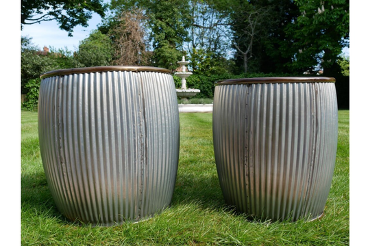 Tall Round Metal Dolly Tub With Grooves, Outdoors Garden Planter, Grey Ribbed Plant Pot, Large Barrel Planter
