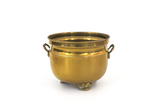 Vintage Three-Legged Brass Planter With Fabulous Patina || Traditional Cauldron-Shaped Plant Pot Handles Round Retro Jardiniere