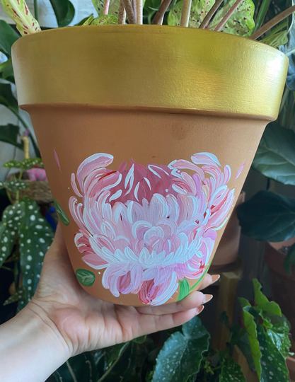 Peony, Terracotta Pot, Hand Painted Terra-Cotta Planter , Peony Bloom Pot With Drainage , Flower House Warming Gift, Gold