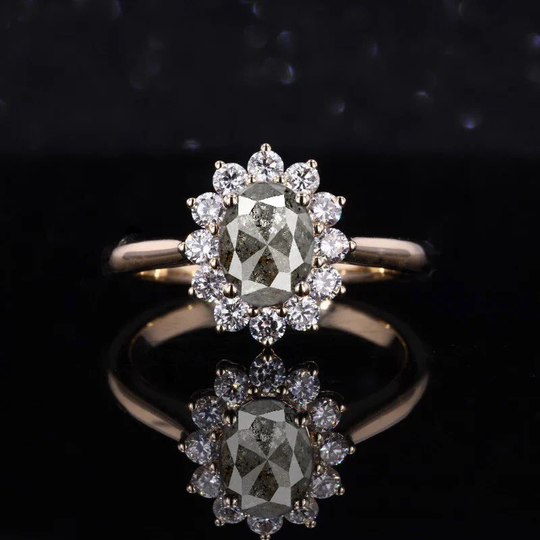 Oval Salt & Pepper Diamond Cluster Ring | Halo Promise in 9K/14K/18K Yellow Gold Dainty Engagement For Her