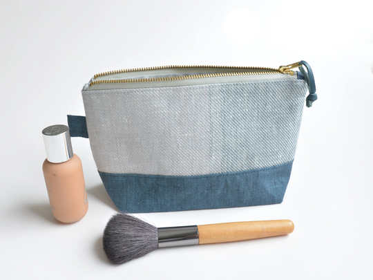 Medium Size Linen Makeup Bag For Women - Grey Blue Organic Sturdy Organizer Bag Zip Pouch Medicine