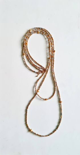 Multi Mixed Golden Seed Beads Two Row Long Necklace, Gold-Silver Necklace, Seed Bead Rope, Boho Multi Necklace