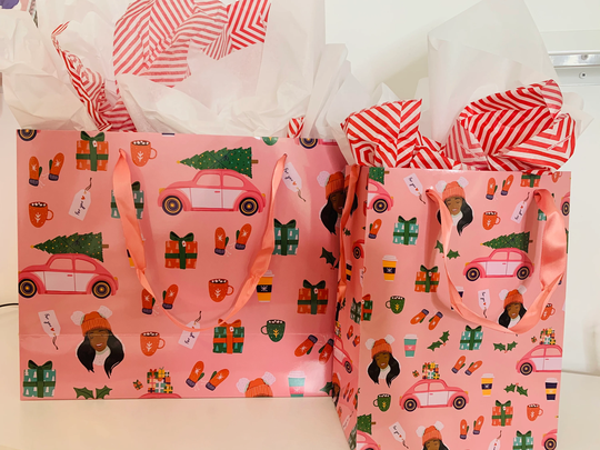 Pretty in Pink Gift Bags; Seasonal Gifting; Christmas Trimmings; Black Girl Satin Handles