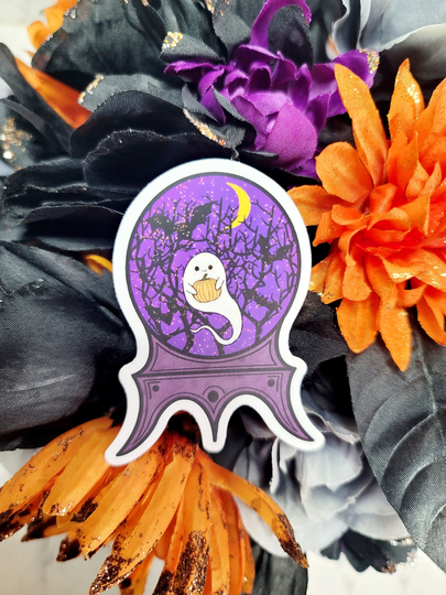 Cute Ghost Sticker, Crystal Ball & Pumpkin, Gift, Halloween, in Glass, Vinyl Spoopy Season