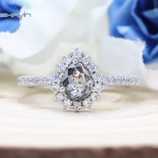 14K & 18K, Gold Ring, Pear Diamond, Salt & Pepper Natural Diamond Engagement Wedding Bjr-77