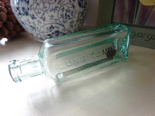 Antique Aqua Glass Medicine Bottle, Owbridge's Lung Tonic, Hull. Cough Mixture Cure All Collectable Old Bottles, Quack