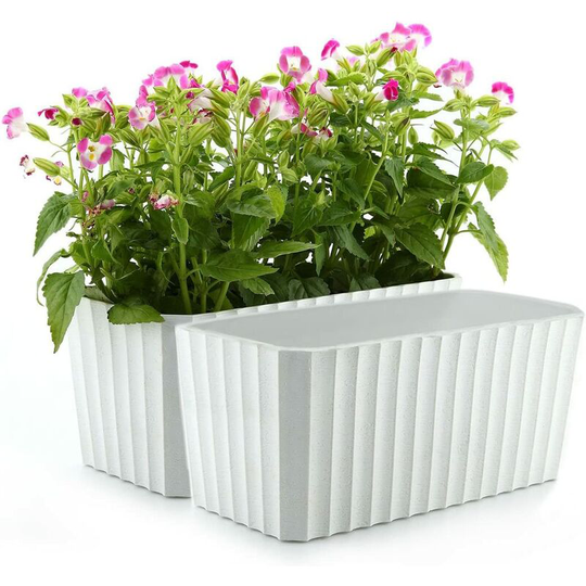 Self-Irrigation White Plastic Rectangular Flower Box Set of 2, Pot with Water Reservoir and Water Level Indicator Pot with Watering System to Plant