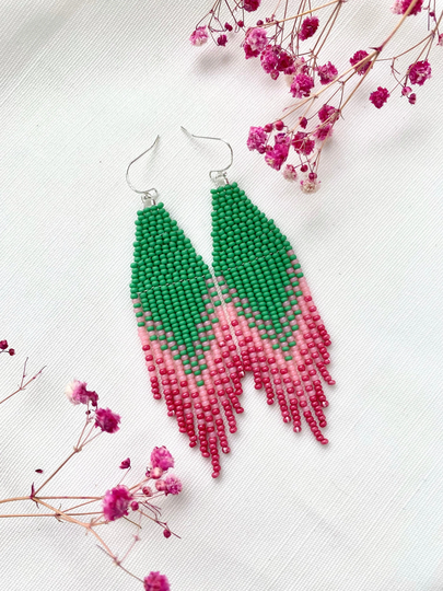 Green Pink Bead Earrings Ombre Seed Fringe Juicy Green Beaded Nature Summer Bridesmaid Gift For Her