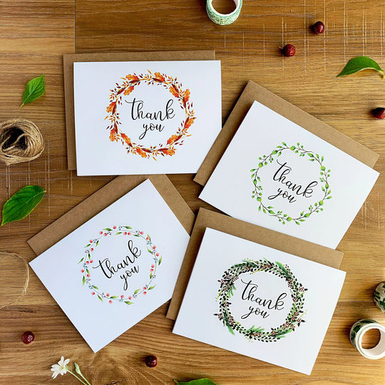 Seasonal Wreath Thank You Cards Set Of Four, Spring Summer Autumn Winter Variety Pack, Illustrated Note