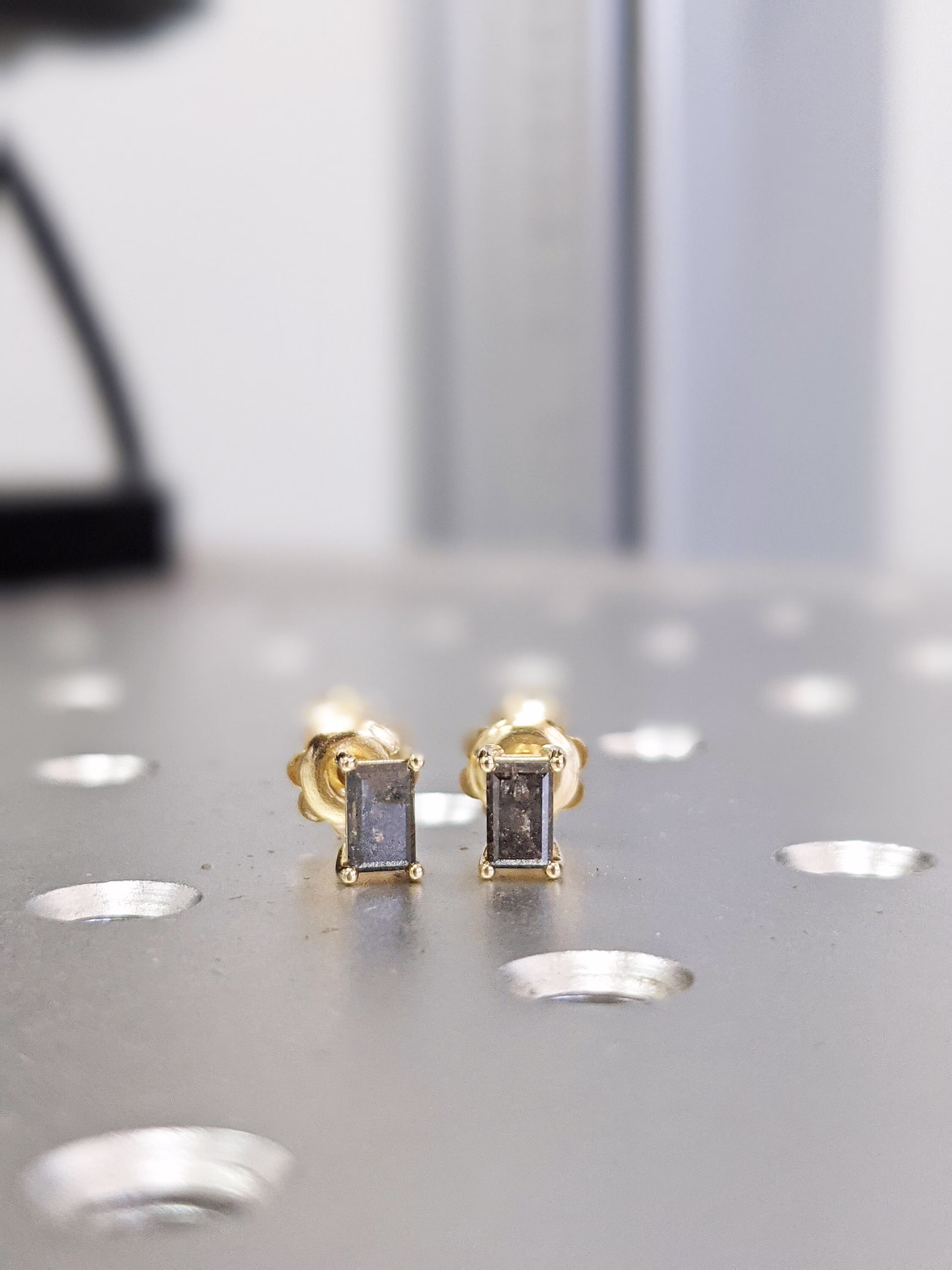 Custom Salt & Pepper Diamond Stud Earrings, 1 Carat Studs 14 K Gold, Raw Tiny Earrings Galaxy Baguette