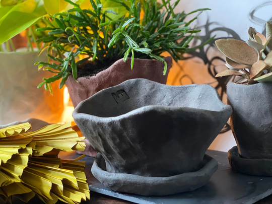 Black Raw Stoneware Plant Pots & Trays