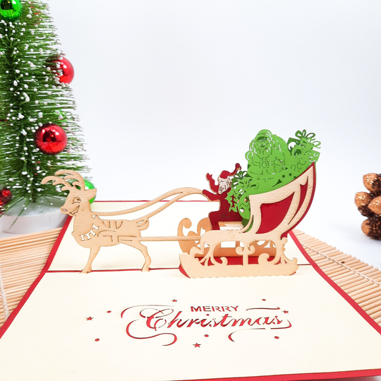Reindeer & Santa's Sleigh 3D Pop Up Christmas Card, Greeting Laser Cut Cards, Merry Cards
