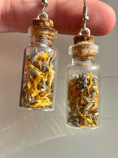 Calendula & Lavender Flow Spell Jar Earrings| Nickel Free| Witchy Earrings | Spell Jar Accessories Natural Herb Remedies Gifts For Her