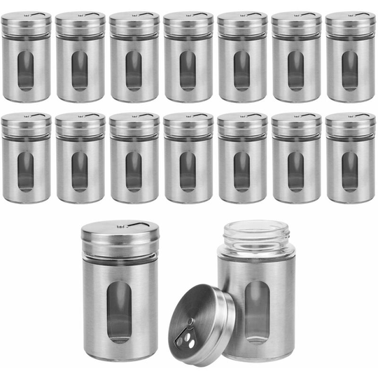 Set of 16 Spice Jars White Stainless Steel Spice Jars Salt and Pepper Mills With View of the Jar