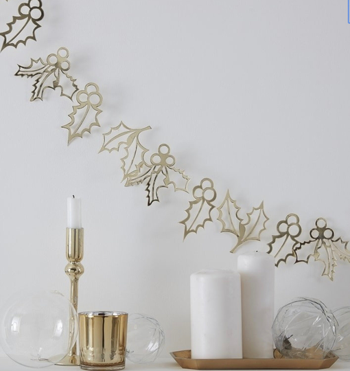 Gold Holly Christmas Bunting, Garland, Festive Decorations, Holiday Season Bunting