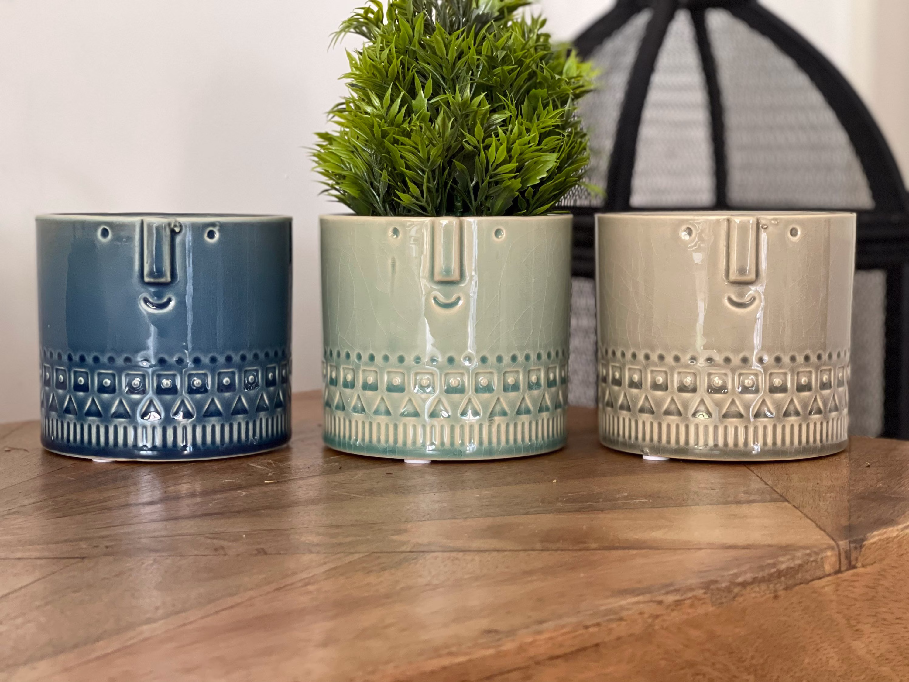 Medium Ceramic Face Planters, House Plant Pots in Various Colours, Aztec Blue Pot, Grey Pot