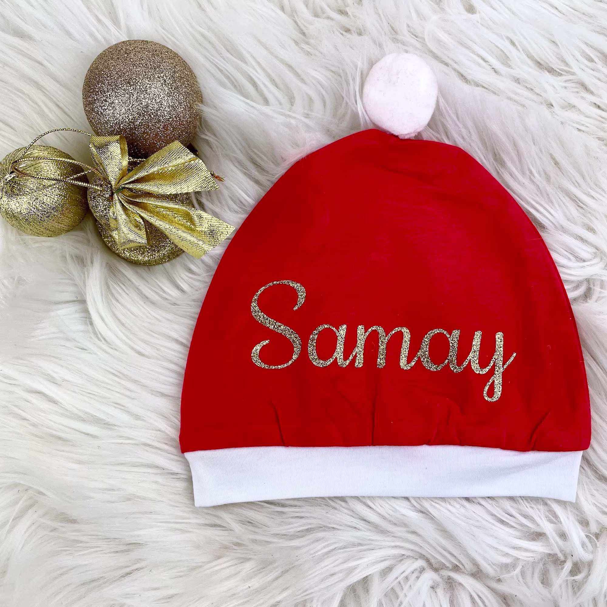 Babies Toddler Christmas Hat, Personalised Santa Gift, Gold Glitter Name, Red & White, Festive Season Cute Winter Wear