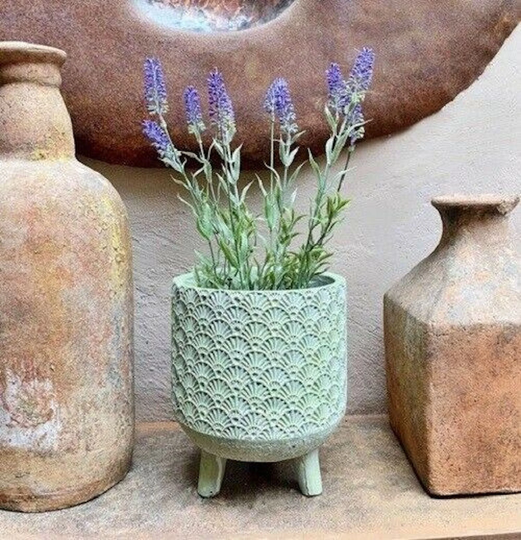 Green Patterned Planter W. Feet Legs Stand - Concrete Plant Pot Holder Indoor House Cover Nada M Boho