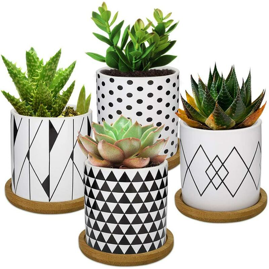 4PCS Flower Pot, 2.8 inch Mini Ceramic Succulent Horticultural Pots Planter with Bamboo Tray for Small Plants Flowers Cactus Home Decorations Decor