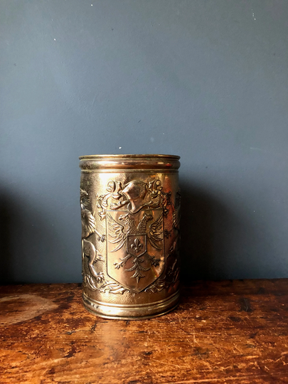 Vintage Hammered Brass Vase Pot Holder With Dragon & Fleur De Lys Crest