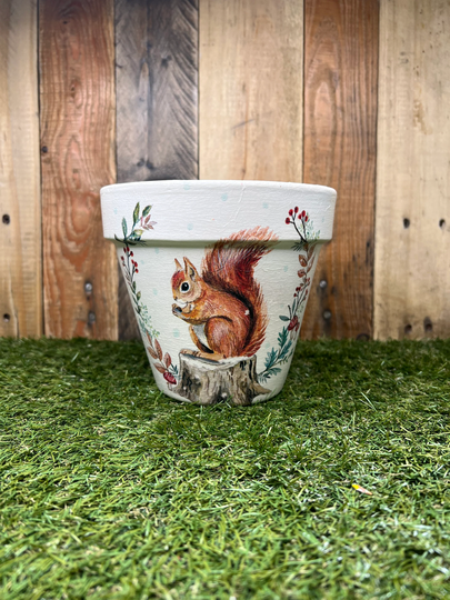 Squirrel Plant Pot, Squirrel Decoupaged Pots, Gift, Winter Gift