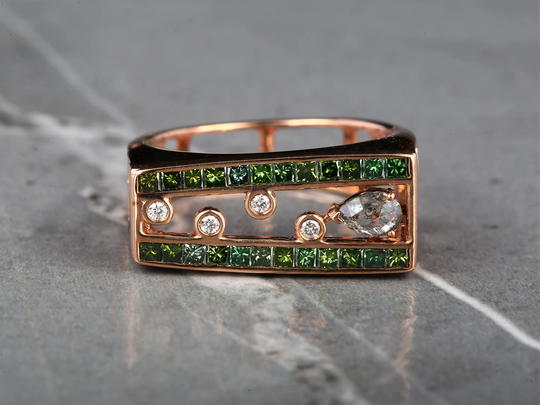 Salt & Pepper Diamond Ring Princess Engagement 14K Gold Band Fancy Green Color Gift For Her