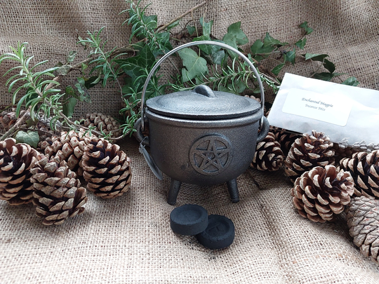 Cast Iron Pentagram 11cm Cauldron & Incense Mix + Charcoal Discs - Wicca Pagan Rituals Charms Occult Herbs Altar