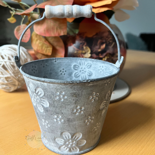 Grey Metal Flower Bucket Planter, Floral Pot, Outdoor Garden, Caravan Rustic & Simple Design Pot