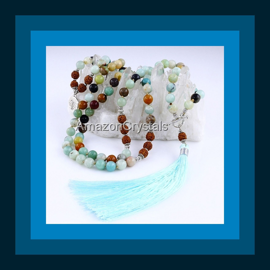Amazonite Mala Necklace With Bodhi Seed, 8mm Amazonite Japa Mala Large Tassel & Rudraksha Bodhi Seeds