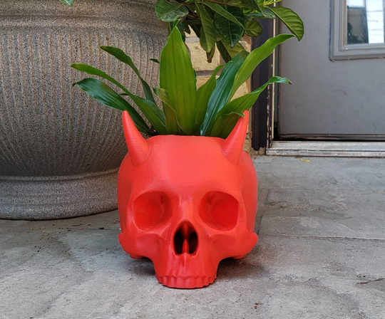 Large Horned Skull Planter || Goth Gothic Garden Accessories Gardening Pot Makeup Brush Holder Human Skull Witch Devil 3D Print