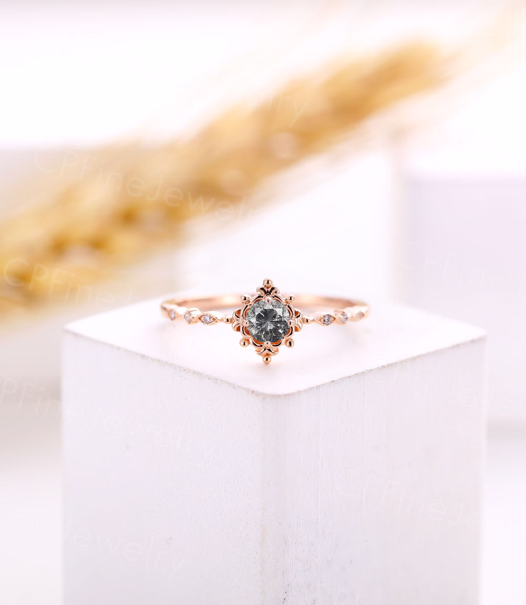 Salt & Pepper Diamond Engagement Ring Vintage Round Rose Gold Moissanite Delicate Half Eternity Anniversary Bridal Promise