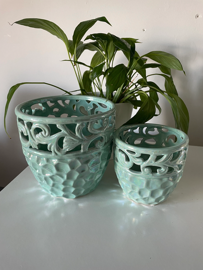 Pair Of Lovely Pale Green Ceramic Planters Plant Pots 15cm & 10cm Vintage