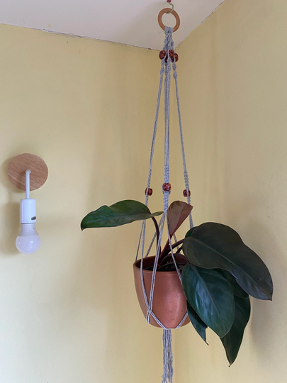 Grey Plant Hanger With Beads, Macrame Hanger, Indoor Pot Holder, Vase Eco Friendly Gift For Lover