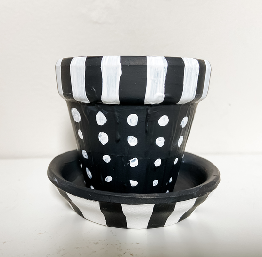 Small Polka Dotted Hand-Painted Terra Cotta Planter With Matching Saucer