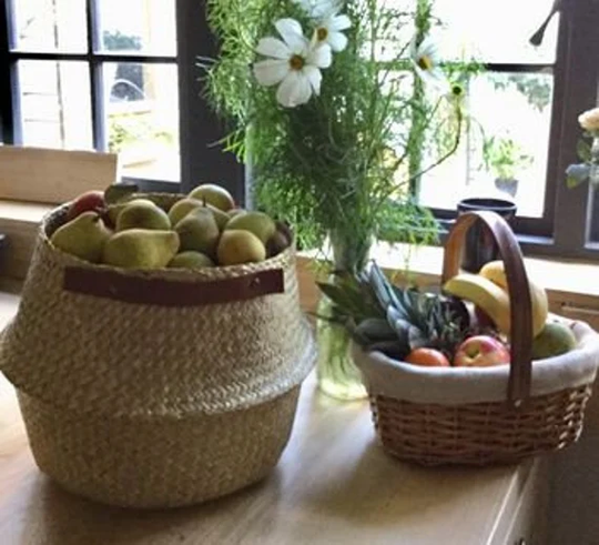 xxl Seagrass Belly Basket With Short Or Long Leather Handles|Toy Storage | Planter Home Office Storage