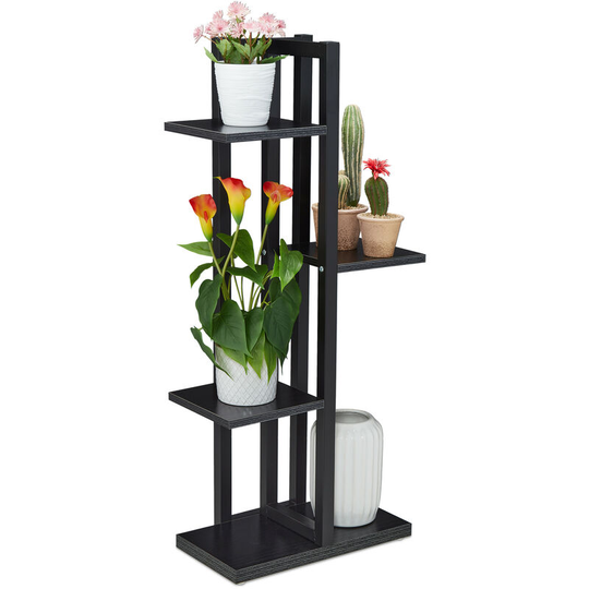 Relaxdays - Metal Flower Stand, 4-Tier Indoor Pot Shelf Ladder, Wooden Look, HxWxD: 93 x 42.5 x 22.5 cm, Plant Rack, Black