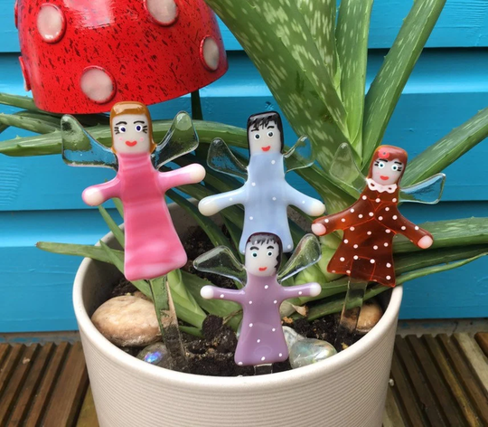 Fused Glass, Cute Fairy Garden Plant Pot Stake Decoration, Fairies Cornish Fused Glass